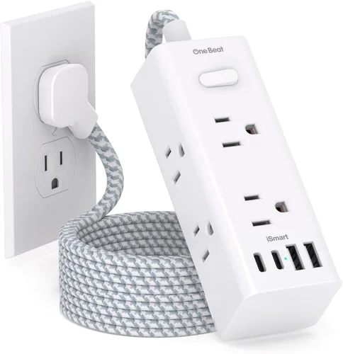 Vista 13 de One Beat Cable de extensión corto de 1 pie, regleta de alimentación de enchufe plano, 6 salidas amplias con 3 puertos USB (1 USB C), regleta