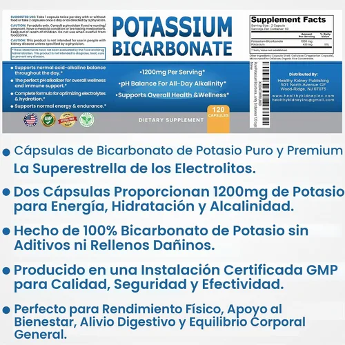 Vista 3 de Suplemento de bicarbonato de potasio puro Cápsulas Píldoras de equilibrio de pH, electrolitos de alto potasio 1200 mg Serv. Grado alimenticio