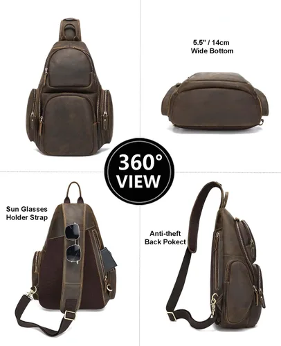 Vista 4 de Bolsa de cuero genuino de grano completo, se adapta a portátil de 14 pulgadas, pecho de viaje cruzado bandolera bandolera mochila bolsa de día 17L