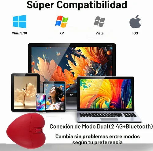 Vista 5 de Ratón Bluetooth inalámbrico con forma de corazón rojo, silencioso, portátil, ligero, silencioso, USB, óptico, inalámbrico, modo dual para PC