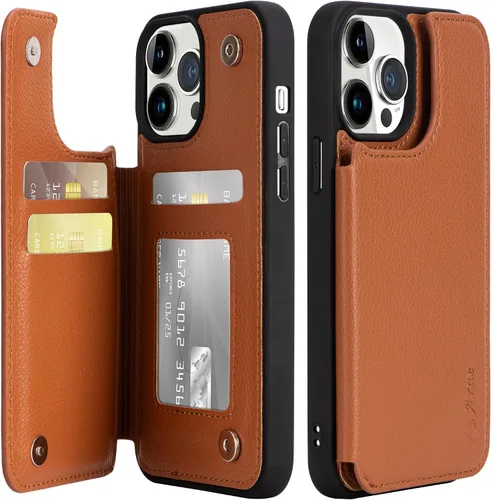 Vista 12 de Arae Funda para iPhone 15 [6.1 pulgadas] - Funda tipo cartera con bolsillos para tarjetas de piel sintética con tapa trasera para iPhone 15 de 6.1