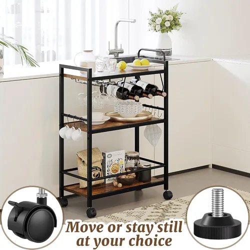 Vista 6 de Carrito de Servicio para Bar Doméstico, Carrito de Servicio con Ruedas y Mango, Carrito de Cocina Rodante de 3 Niveles, Carrito para Microondas