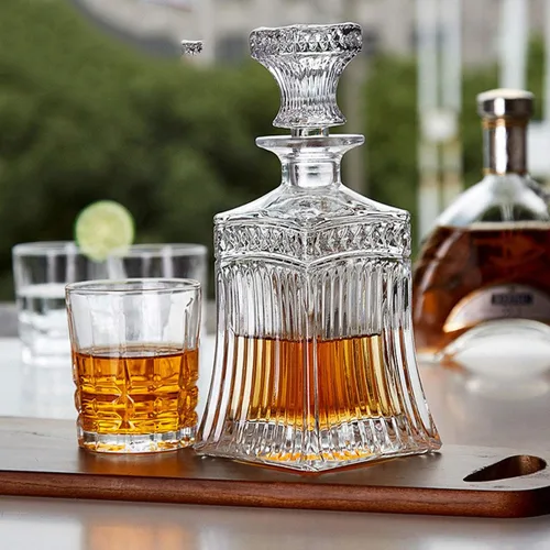 Vista 4 de Decantador de vidrio con tapón geométrico hermético, decantador de whisky para vino, bourbon, brandy, licor, jugo, agua, enjuague bucal, vidrio