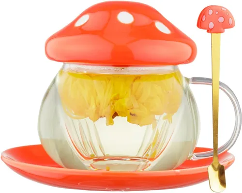 Vista 8 de Juego de Tazas de Té de Hongos, Lindas Tazas de Té de Vidrio y Platillos, Taza de Té Kawaii con Infusor para Colador de Té de Hojas Sueltas, Taza