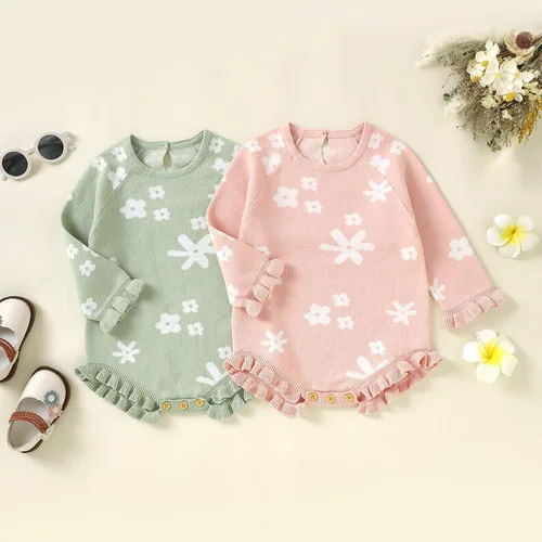 Vista 2 de SAYOO Mameluco de punto unisex para bebé, niña, niño, overol de punto a cuadros, de una pieza, suéter con botones