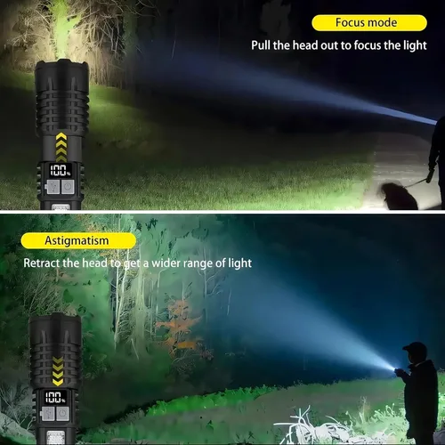 Vista 3 de Linternas LED recargables de alto lúmenes, linterna súper brillante de 10000 lm con pantalla digital LCD, 5 modos, linterna de mano ajustable USB C