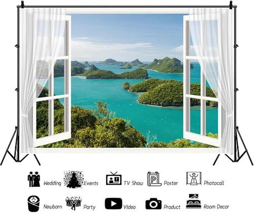 Vista 4 de Fondo de paisaje de ventana de 5 x 3 pies con vista al mar, paisaje natural, fondo de fotografía, decoración del hogar, accesorios para cabina