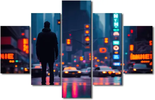 Vista 107 de Póster de 5 paneles en lienzo para decoración de pared, diseño de centro urbano Cyberpunk, impresión moderna, decoración de pared para el hogar