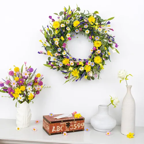 Vista 2 de LLZLL Decoraciones de primavera para el hogar, corona de primavera de 22 pulgadas, coronas artificiales de verano con hojas de eucalipto, lavanda
