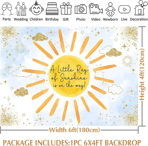 Vista 3 de Avezano Sunhine - Telón de fondo de baby shower para bebé niño Un pequeño rayo de sol está en camino, fondo fotográfico con purpurina, nube
