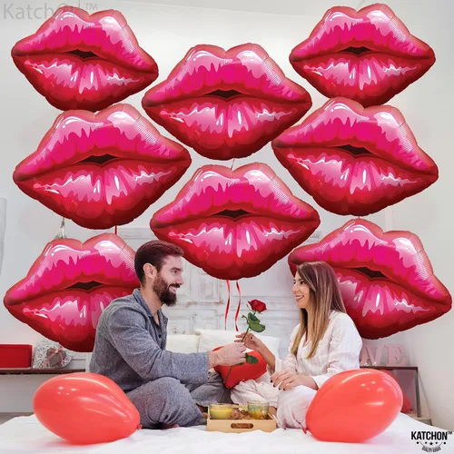 Vista 9 de KatchOn, Globos de corazón rosa claro, enormes, paquete de 18 Decoración de globos de labios rojos, decoración de San Valentín Globo de papel