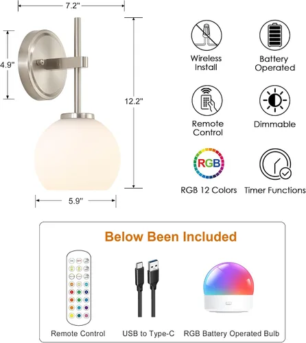Vista 6 de Juego de 2 apliques de pared de níquel cepillado que funcionan con pilas, iluminación de pared inalámbrica recargable con control remoto, luces