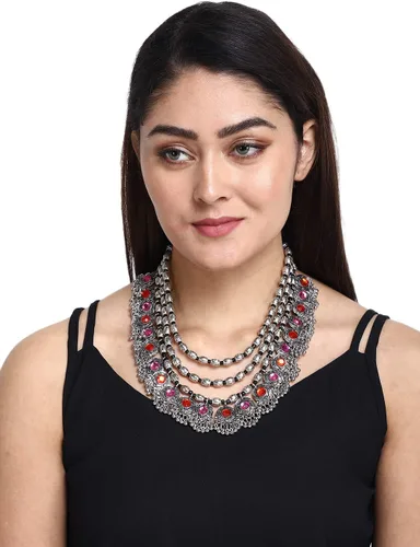 Vista 2 de Crunchy Fashion Bollywood - Collar de metal negro de plata oxidada estilo tradicional indiobohemio tribal tribal indio para mujer, Plata esterlina