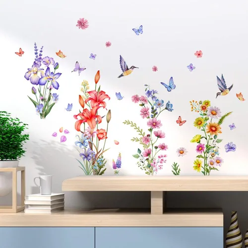 Vista 8 de Calcomanías de pared de plantas botánicas de rosas, 2 hojas de flores, mariposas, calcomanías de pared de PVC extraíbles para niñas, dormitorio Tipo