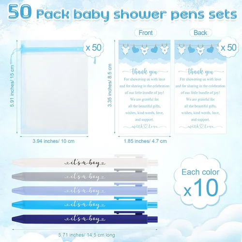 Vista 2 de Chuangdi Juego de 50 bolígrafos de baby shower, recuerdos para invitados, bolígrafos con texto en inglés "It's a Boy Girl", tarjetas de Azul