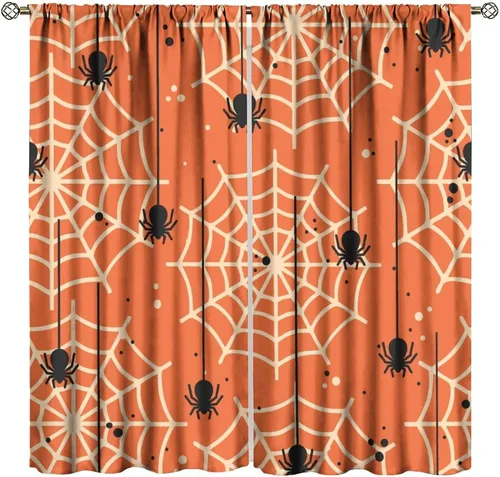 Vista 51 de Cortinas opacas de tela de araña aterradora para niños, tela de araña en blanco y negro, fondo rojo, dormitorio de niños, guardería, decoración