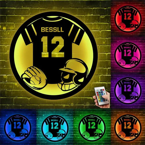 Vista 14 de Letrero de metal de béisbol personalizado con luz LED, nombre de camiseta de béisbol personalizable, número, decoración de pared, regalo para casco