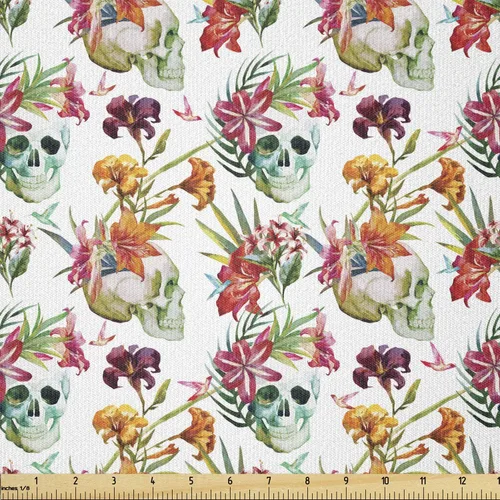 Vista 46 de Ambesonne The Yard, tela de calavera colorida con temática de Halloween, diseño de calavera y huesos cruzados, divertido estampado de dibujos