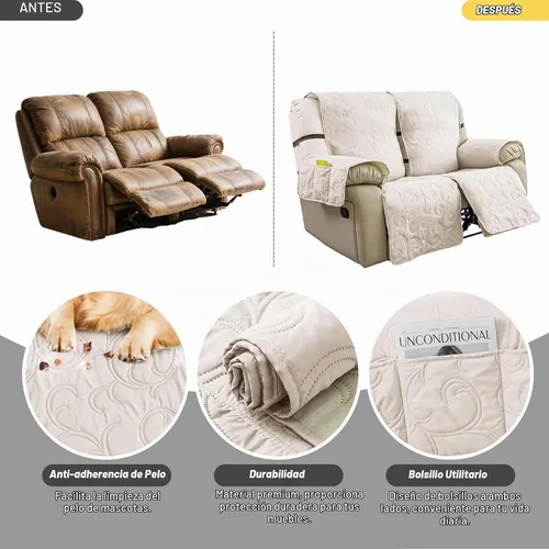 Vista 5 de Funda reclinable 100% impermeable para sofá biplaza, 4 piezas divididas para sofá reclinable de 2 asientos, funda de sofá reclinable antideslizante