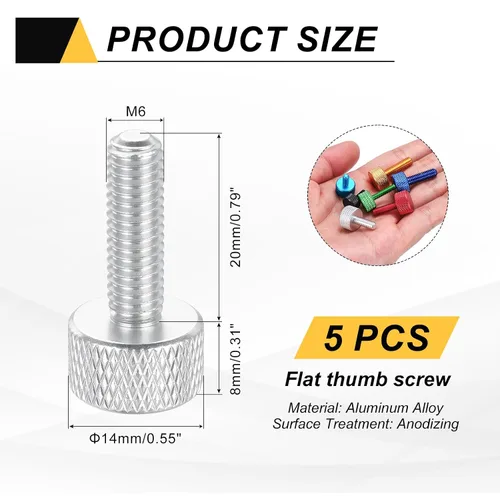 Vista 14 de MECCANIXITY 5 piezas M6x14mm Tornillos de pulgar estriado de cabeza plana, pernos de rosca completa de aleación de aluminio sólido para carcasas