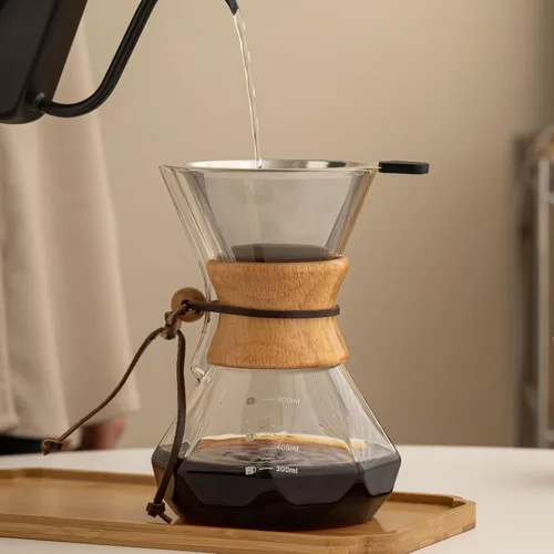 Vista 2 de Cafetera de Goteo con Funda de Madera, Cafetera de Goteo de 13.5oz/400ml, Juego de Cafetera de Goteo con Tapón de Corcho (13.5oz/400ml)