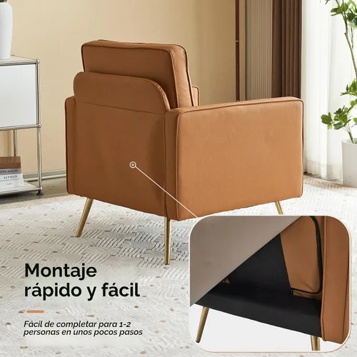 Vista 6 de VINGLI Silla de acento moderna de cuero PU para sala de estar, silla cómoda de dormitorio, silla de lectura con brazos con patas de metal dorado