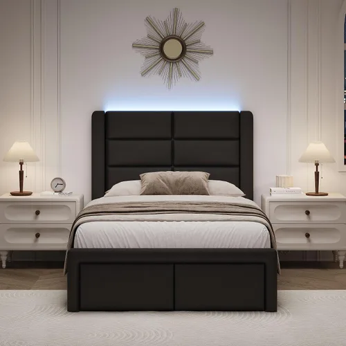 Vista 6 de Base de cama individual con cabecero tapizado y luces LED, moderno marco de cama de piel sintética con soporte de listones de madera y base