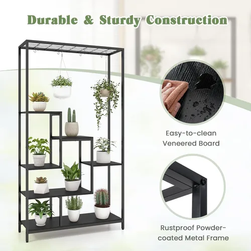 Vista 2 de Soporte para plantas de 6 niveles para interiores, soporte para plantas de 70.9 pulgadas de alto con 10 ganchos colgantes en S, estante de metal