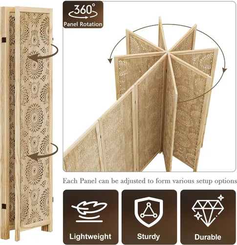Vista 5 de WelFurGeer Divisor de habitación de madera hecho a mano, pantalla de privacidad plegable de 4 paneles con paneles ajustables de 360°, divisores
