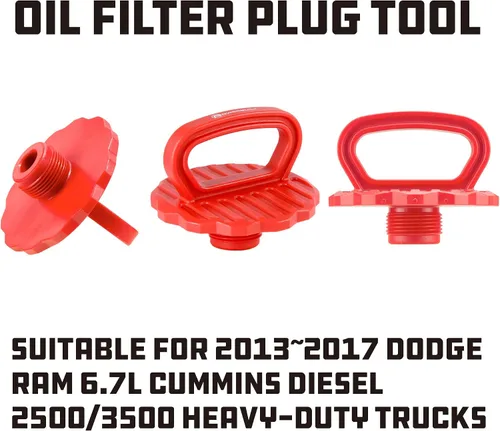 Vista 2 de Powerbuilt Tapón de filtro de aceite para Cummins 6.7L motor diesel Dodge Ram Trucks 2500/3500, filtro de instalación, limpio, sin derrames, rojo