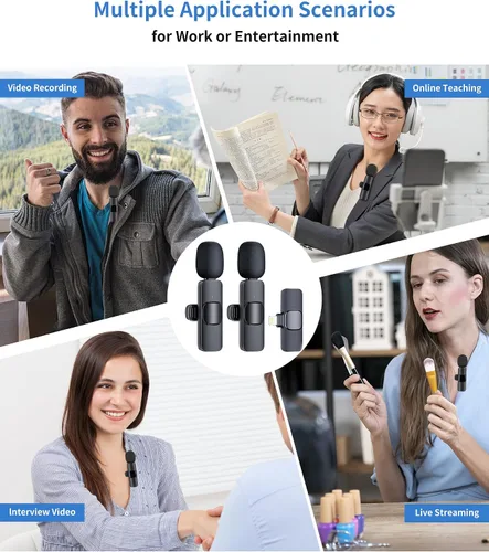 Vista 7 de Juego de 2 micrófonos inalámbricos de solapa Lavalier para iPhone, iPad, micrófono de grabación de condensador omnidireccional inalámbrico