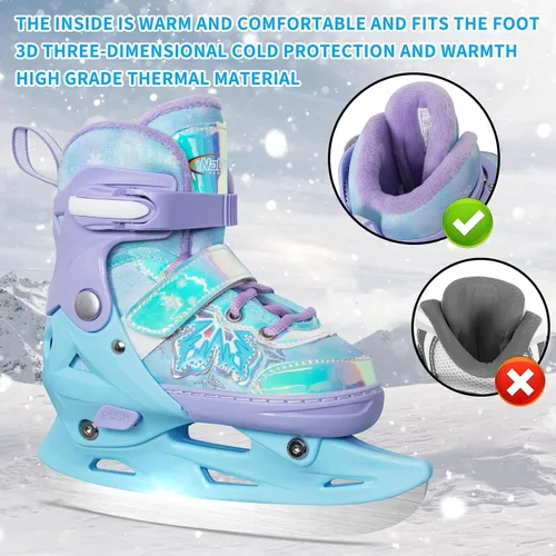Vista 2 de Patines de hielo ajustables Nattork para niños - 4 tallas ajustables con cordones, patines de hockey con forro de felpa cálido, soporte de tobillo