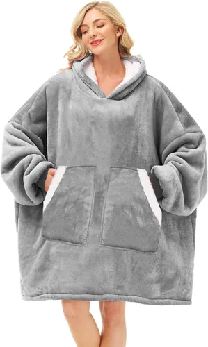 Vista 10 de Kipswiza Manta Ponible con Capucha para Mujeres y Hombres, Sudadera de Mantas con Capucha de Sherpa Suave y Acogedora Extragrande como Regalos