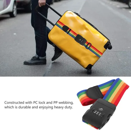 Vista 5 de Correa de equipaje de viaje con diseño de arco iris, aprobada por la TSA, cinturón de embalaje ajustable para maleta (arcoíris)