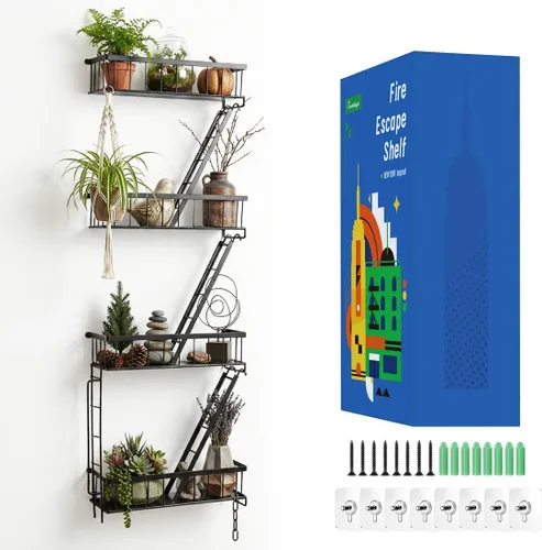 Vista 8 de SweetSage Estante de Pared para Salida de Emergencia - Estante Decorativo de Escalera de Nueva York, Estante Flotante de Arte de Pared en Metal Negro