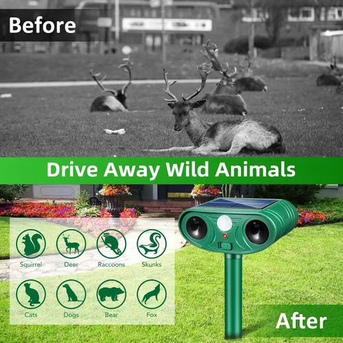 Vista 9 de Repelente solar ultrasónico de animales 2025 Disuasorio para gatos al aire libre activado por movimiento Venado asustador, ardilla, conejo