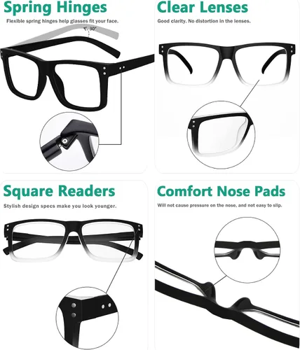 Vista 5 de Eyekepper - Pack de 5 gafas de gran tamaño con montura cuadrada, grandes, para hombres y mujeres - 3 negras y 2 negro-transparente +0.00