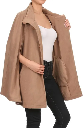 Vista 3 de LL - Poncho de capa para mujer con botones frontales abiertos y forro polar suave para otoño e invierno