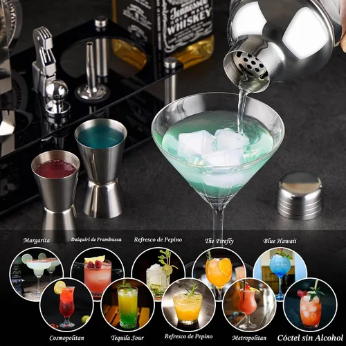 Vista 6 de Juego de Coctelera para Bartender: Kit de Bartender de Acero Inoxidable de 15 Piezas con Soporte Acrílico, Juego de Bar con Todos los Accesorios