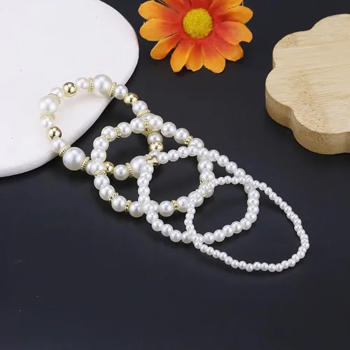 Vista 6 de Pulseras de perlas para mujer, pulsera de perlas de imitación con cuentas de perlas blancas, juego de pulseras elásticas apilables, pulseras