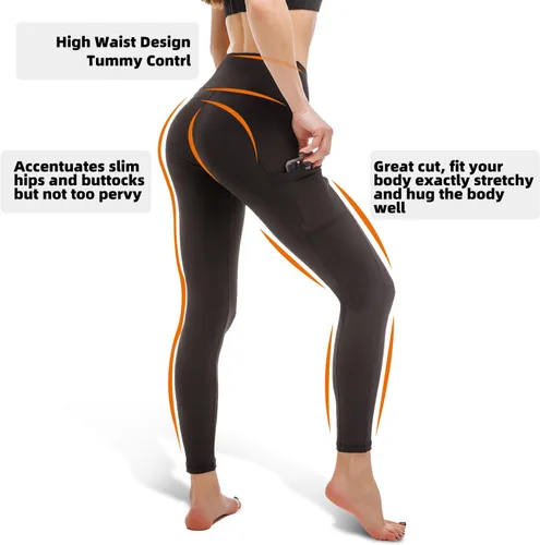 Vista 2 de Leggings de entrenamiento para mujer, leggings de gimnasio, pantalones de yoga con bolsillos, control de abdomen negro, cintura alta