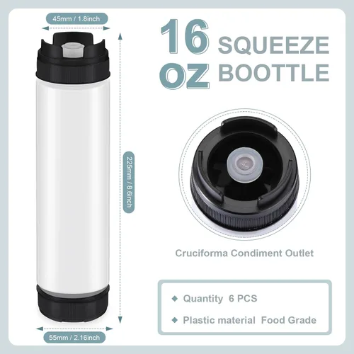 Vista 3 de Sabary 6 botellas exprimibles de condimentos de 16 onzas, botella de plástico invertido para salsas y líquidos, botellas de condimentos recargables