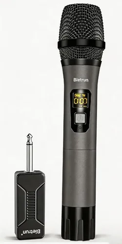 Vista 8 de Bietrun - Micrófono inalámbrico, micrófono dinámico con receptor recargable, conexión automática, diseño de todo metal, rango de 160 pies, micrófono