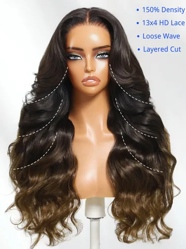Vista 3 de Nadula Peluca Precortada 13x4 HD Ondas Sueltas Castaño Ombré Marrón con Cordón Cabello Humano con Flequillo Face Framing, Peluca Frontal de Encaje