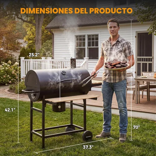 Vista 3 de MASTER COOK Parrilla de carbón de barril con estante frontal plegable de madera, 686 pies cuadrados área de cocina al aire libre, termómetro