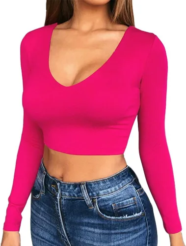 Vista 8 de Artfish Women's Long Sleeve Scoop V Neck Crop Top 04# Cuello en V Negro