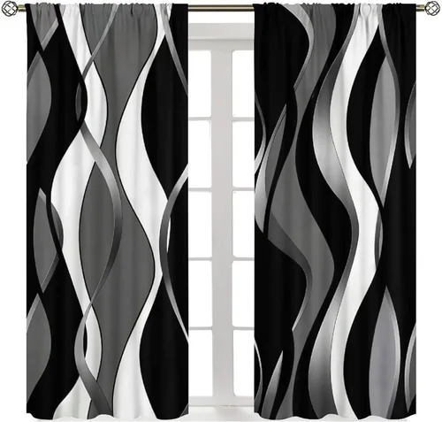 Vista 15 de Cortinas degradadas grises y negras, con textura geométrica moderna abstracta para cocina, dormitorio, sala de estar, juegos de 2 paneles