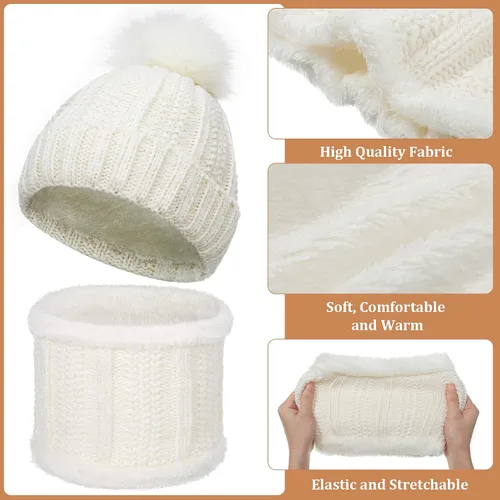 Vista 3 de 8 piezas de gorro de invierno cálido con pompón para mujer, gorro de punto calavera, calentadores de cuello, bufandas, guantes de punto