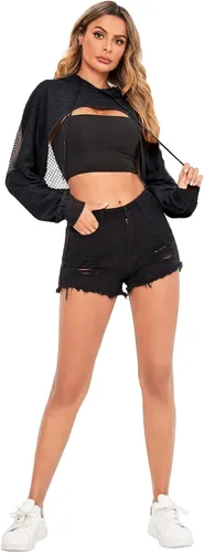 Vista 6 de Verdusa Sudadera corta con capucha y cordón para mujer con hombros caídos de red transparente