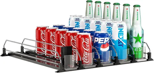 Vista 9 de Dispensador de latas de soda para refrigerador, organizador de bebidas autoempujante para nevera, organización de refrigerador de ancho ajustable
